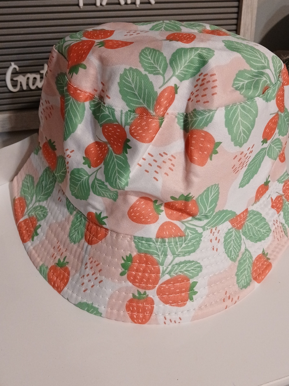 Kids Strawberry Print Bucket Hat - Pink & Green - NWT